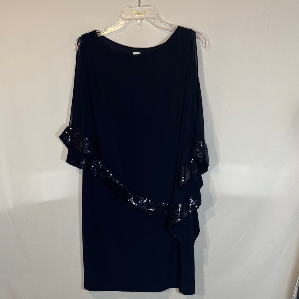Xscape Asymmetrical Navy Dress with Black Sequin Detail